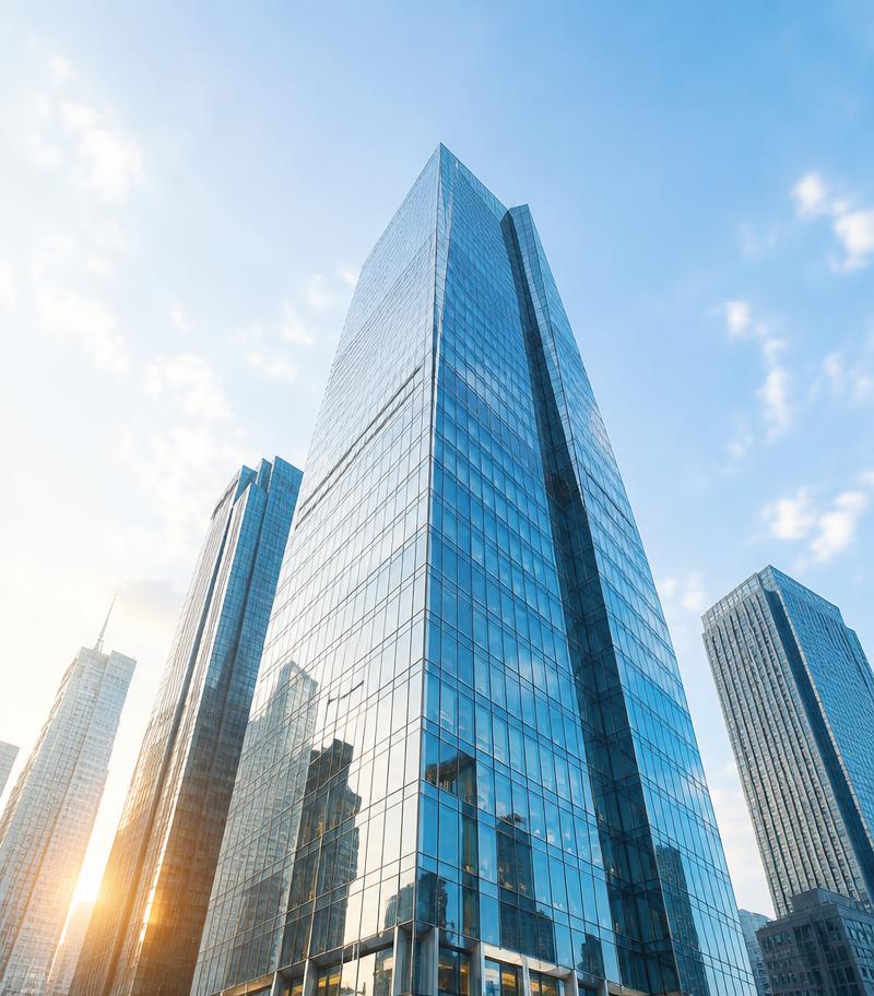 Modern glass office tower against a morning skyline